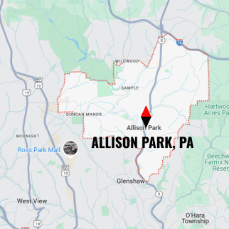 Map of Allison Park, PA showing local neighborhoods and roads