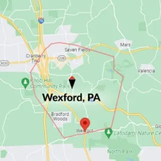 Map showing Wexford, PA location with nearby towns and roads marked