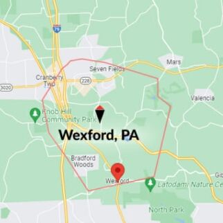 Map showing Wexford, PA location with nearby towns and roads marked