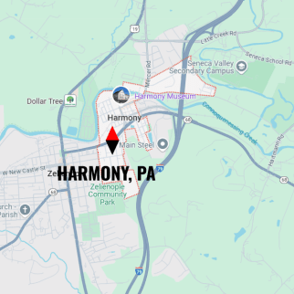 Map of Harmony, PA showing streets, landmarks and geographic location