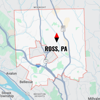 Map showing Ross, PA location with red marker pin and surrounding areas