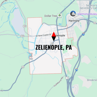 Map of Zelienople, PA with red location pin marker showing city boundaries