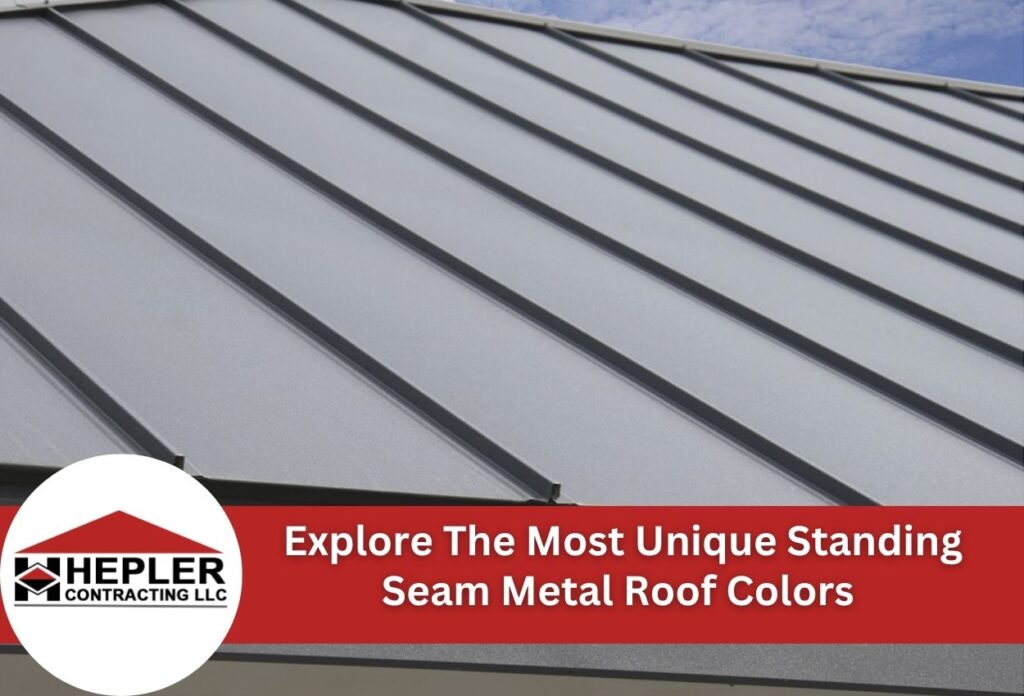 Standing seam metal roof with gray panels and parallel ridges against blue sky