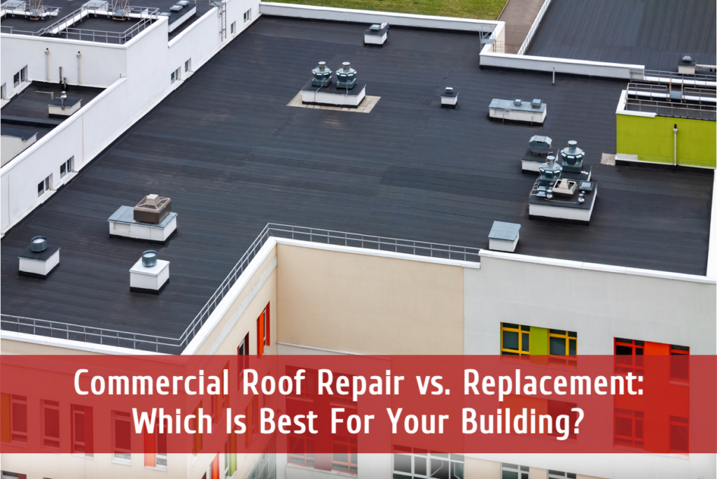 Commercial building rooftop with HVAC units and flat roof system for repair comparison