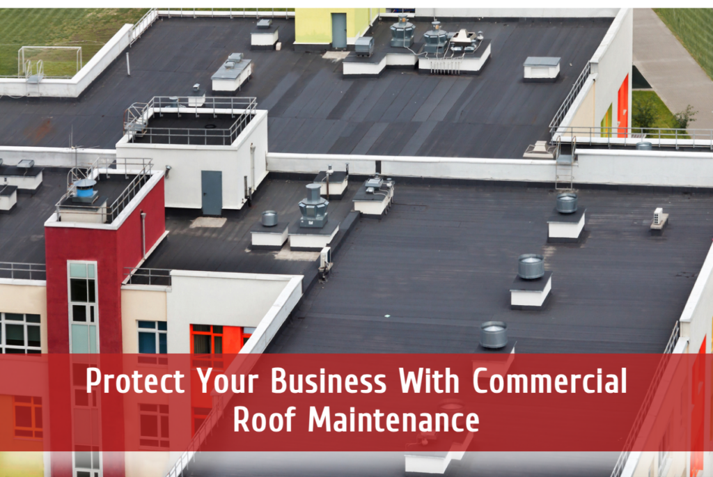 Aerial view of commercial building flat roof with HVAC equipment and maintenance text
