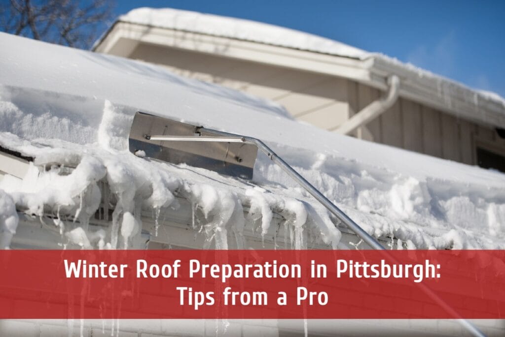 Snow-covered house roof with icicles and ice dams in Pittsburgh winter