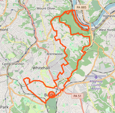 GPS tracking route map showing hiking trail path in red line through Pittsburgh area