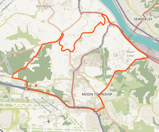 Map showing Moon Township boundaries outlined in red with surrounding areas