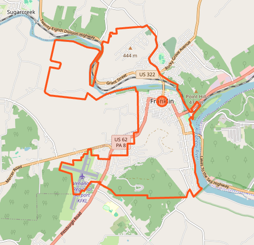 Map of Franklin showing city boundaries and major roads including US 322 and US 62