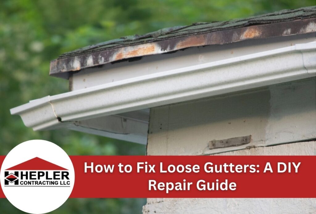 Damaged roof with loose gutters and peeling shingles needing repair maintenance