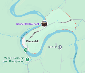 Map showing Kennerdell area with river, overlook, and campground locations