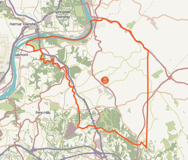 Orange trail route map showing hiking path through Penn Hills and Oakmont areas