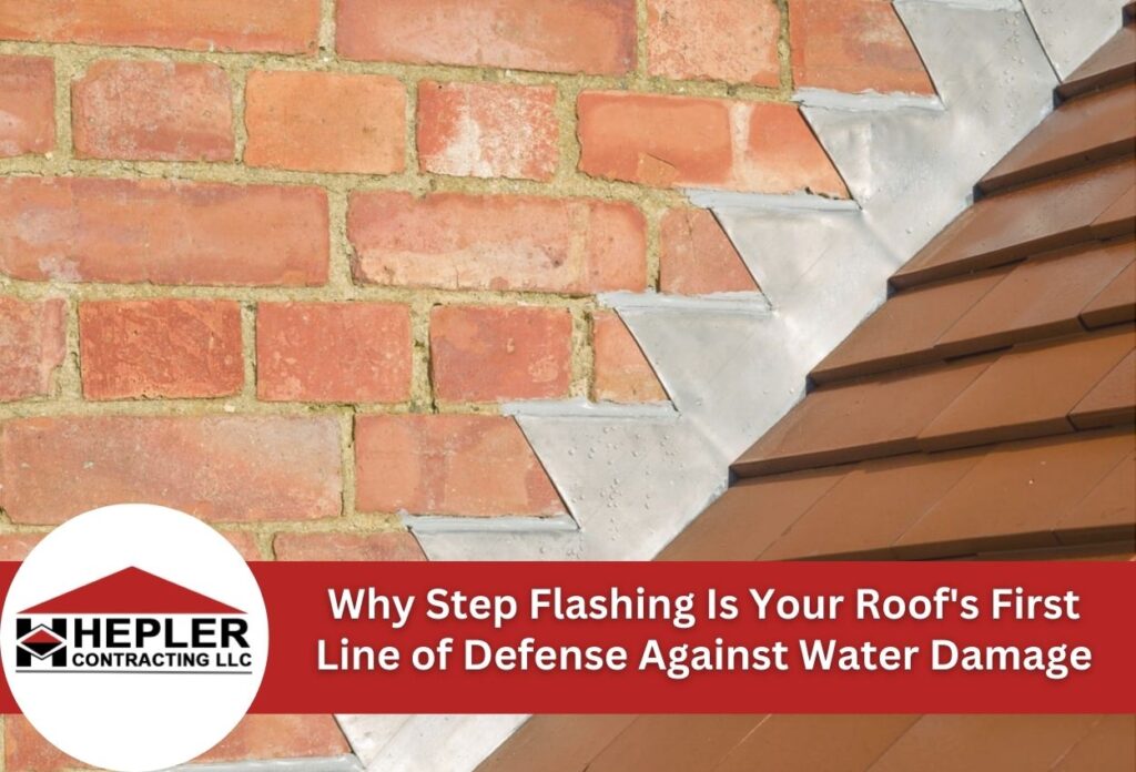 Step flashing installation on brick wall roof junction showing metal flashing strips