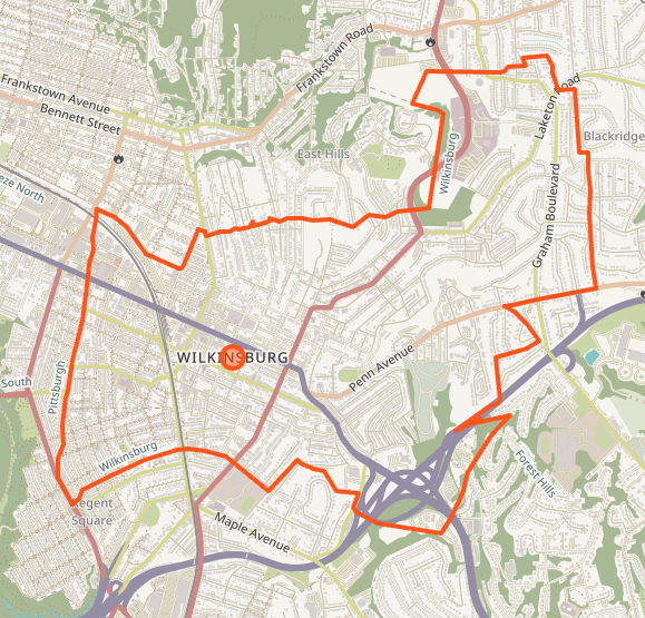 Wilksburg neighborhood map showing orange highlighted route boundaries and streets